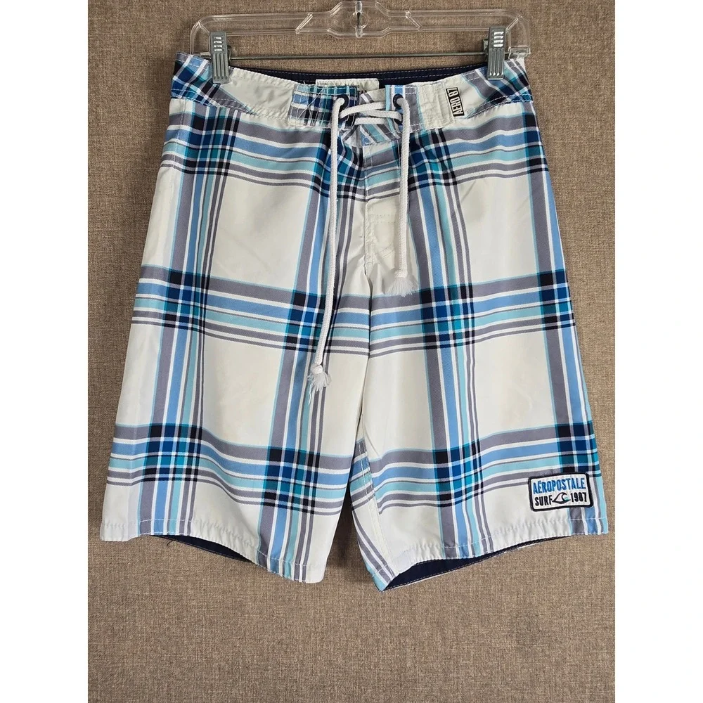 Aeropostale Mens Blue White Plaid Board Shorts Swim Trunks Size 28 7184AH11